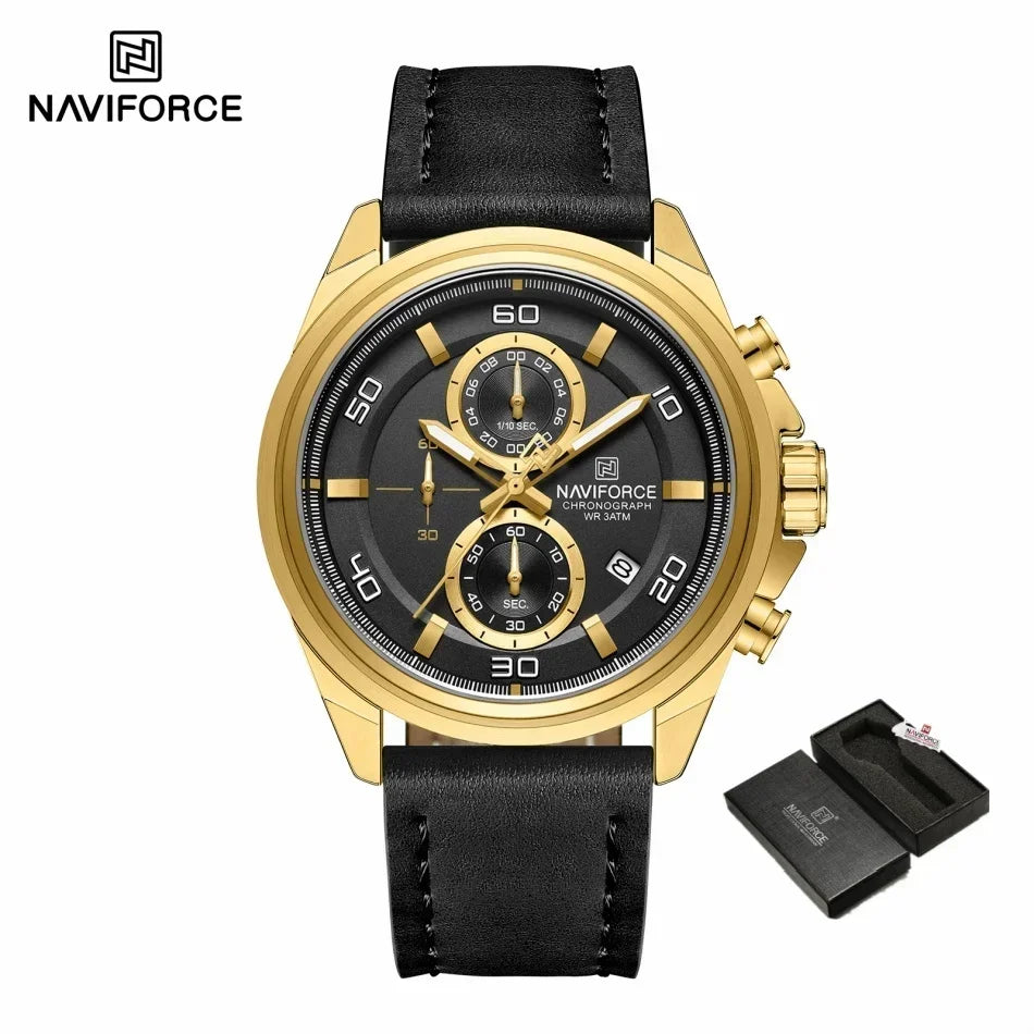 NAVIFORCE Brand Watches For Men Genuine Leather Band Chronograph Quartz Wristwatches Casual Sport 30m Waterproof Male Gift Clock