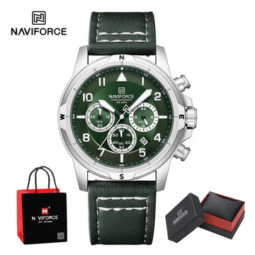 NAVIFORCE Classic Men Quartz Chronograph Watch 3ATM Waterproof Date Display Leather Strap Business Wristwatch Gift Box for Male