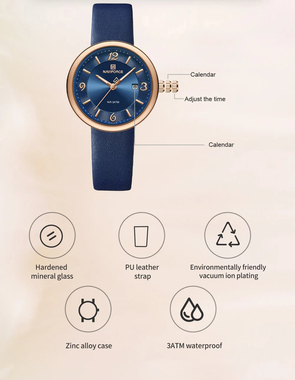 NAVIFORCE New Women Daily Quartz Watch Lightweight Floral Dial 3ATM Waterproof PU Strap Elegant Lady Wristwatch Relogio Feminino