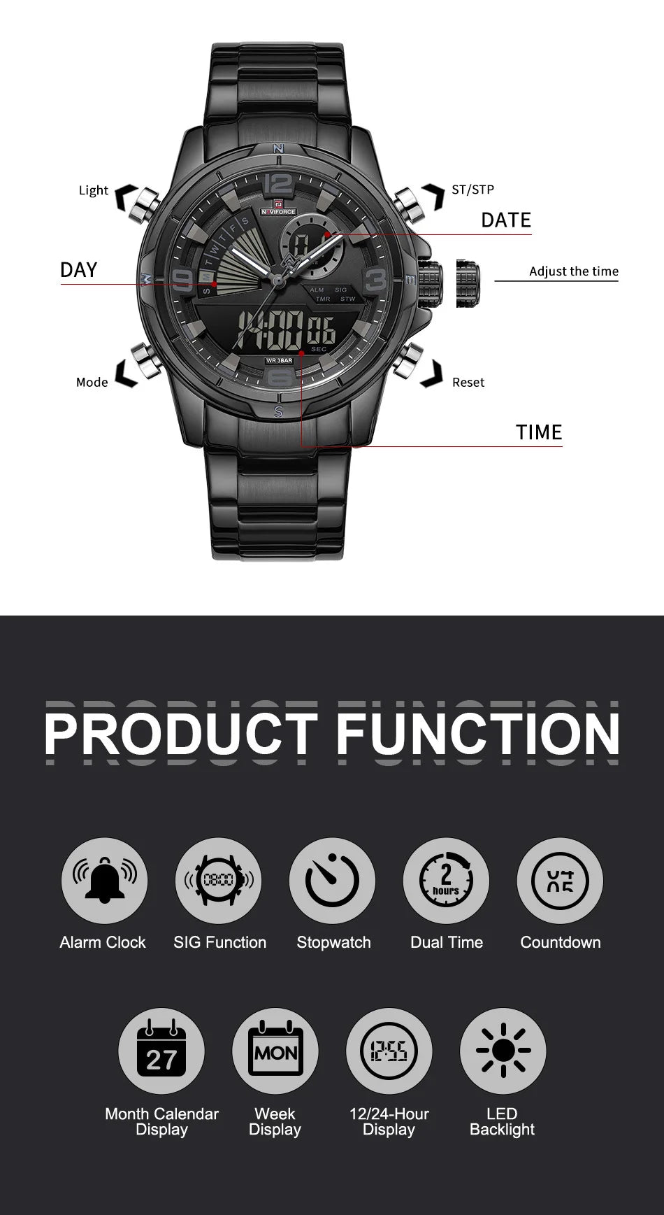 NAVIFORCE Luxury Mens Watches Military Chronograph Alarm Mode Quartz Wristwatches For Men Sports Month Calendar Waterproof Gift
