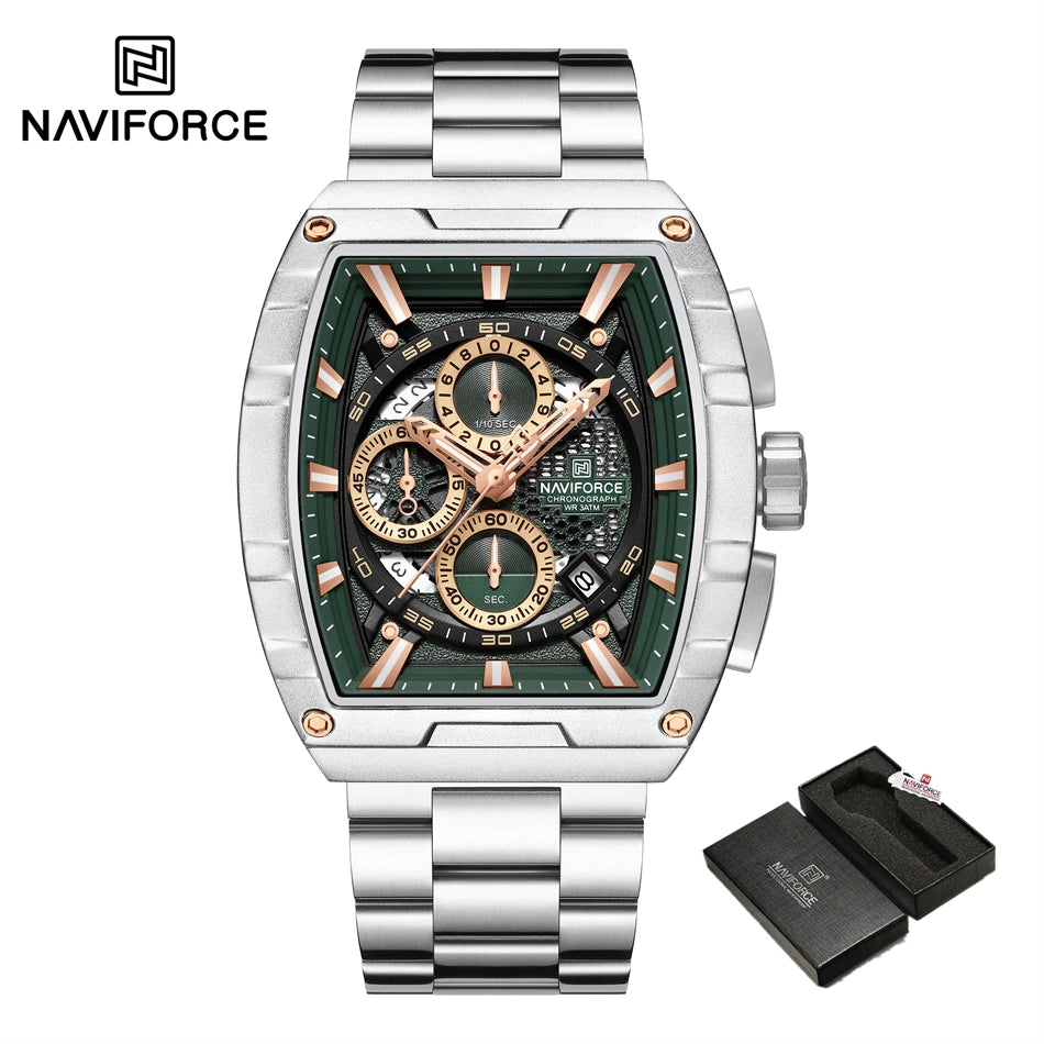 NAVIFORCE Quartz Watch for Men Fashion Waterproof Luminous Chronograph Wristwatch Auto Date Stainless Steel Strap Clock Gift
