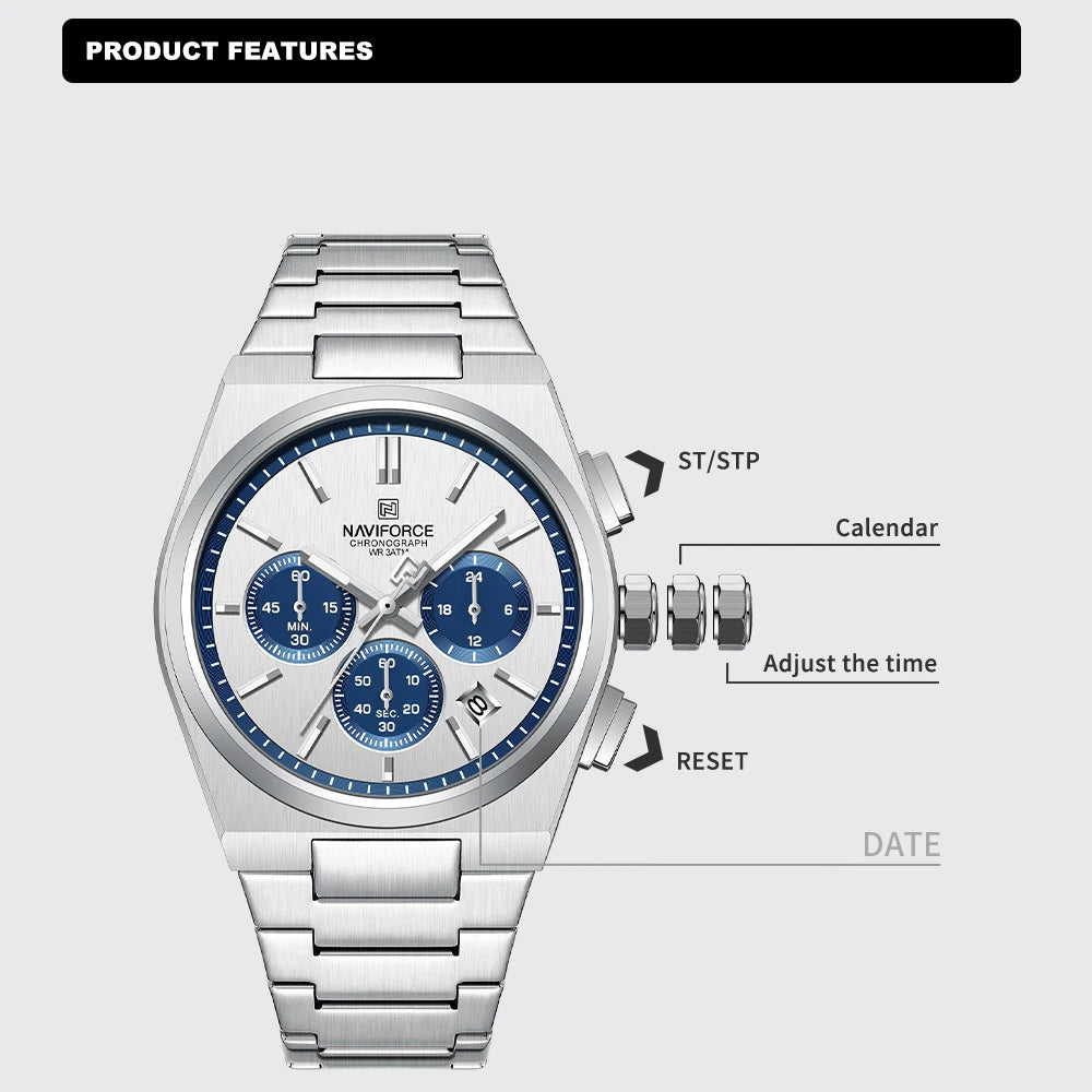 NAVIFORCE Male Quartz Stylish Watches Chronograph Waterproof Luminous Hands Stainless Steel Band Men Luxury Business Wristwatch
