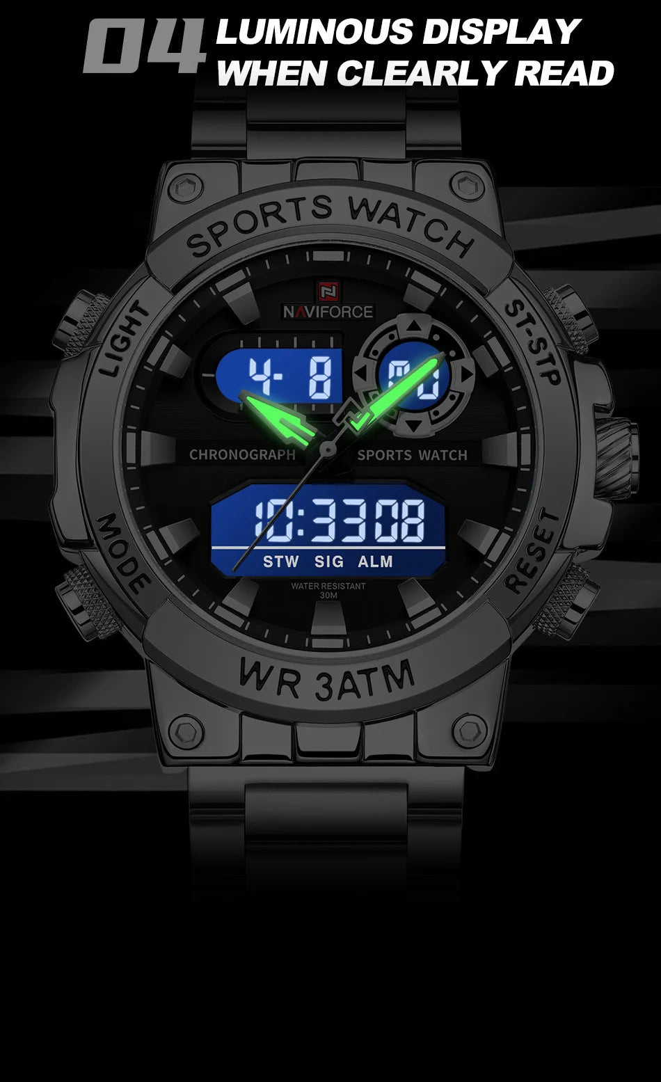NAVIFORCE Men Watch Stopwatch Dual Time Display Men's Watch Fashion Sport Watch Stainless Steel Strap Waterproof  Package Gifts