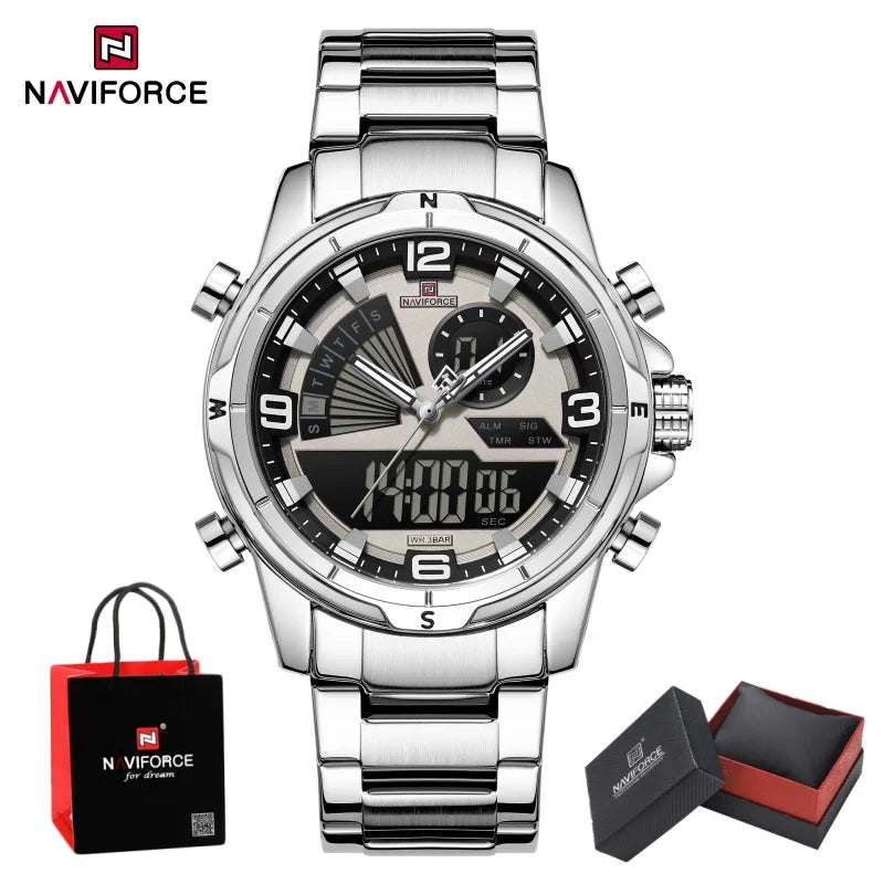 NAVIFORCE Luxury Man's Watch Quartz Chronograph Dual Display 3ATM Waterproof Military Style Sports Wristwatch Gift Box For Men