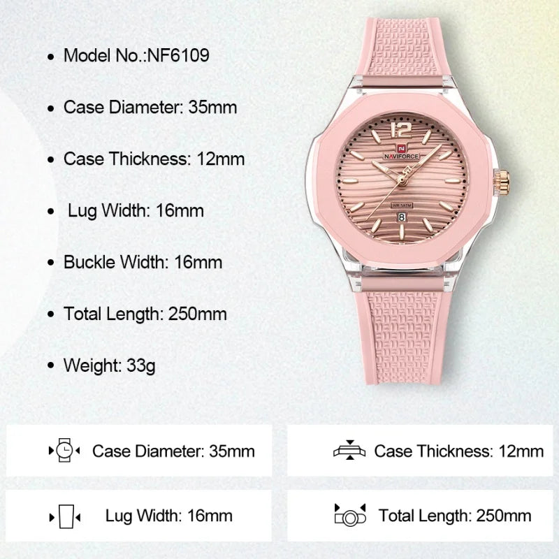 NAVIFORCE Woman's Watch Quartz Waterproof Silicone Band Date Display Wristwatch Luxury Trendy Ladies Dress Wristwatch Gifts Box