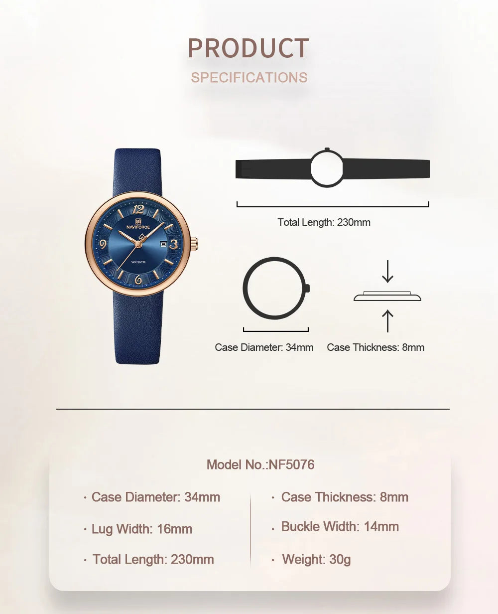 NAVIFORCE New Women Daily Quartz Watch Lightweight Floral Dial 3ATM Waterproof PU Strap Elegant Lady Wristwatch Relogio Feminino