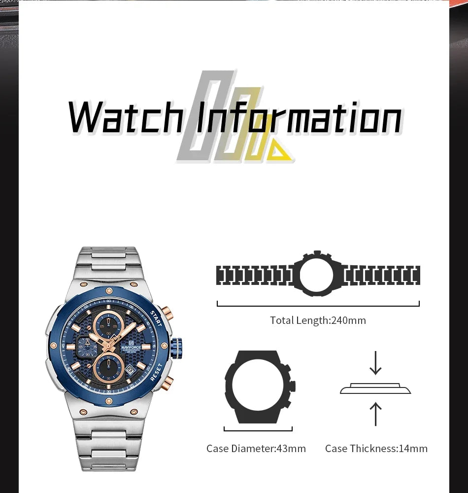 NAVIFORCE Luxury Brand Business Casual Watch Sports Multifunctional Chronograph Watches Mens Quartz Stainless Steel Wristwatches