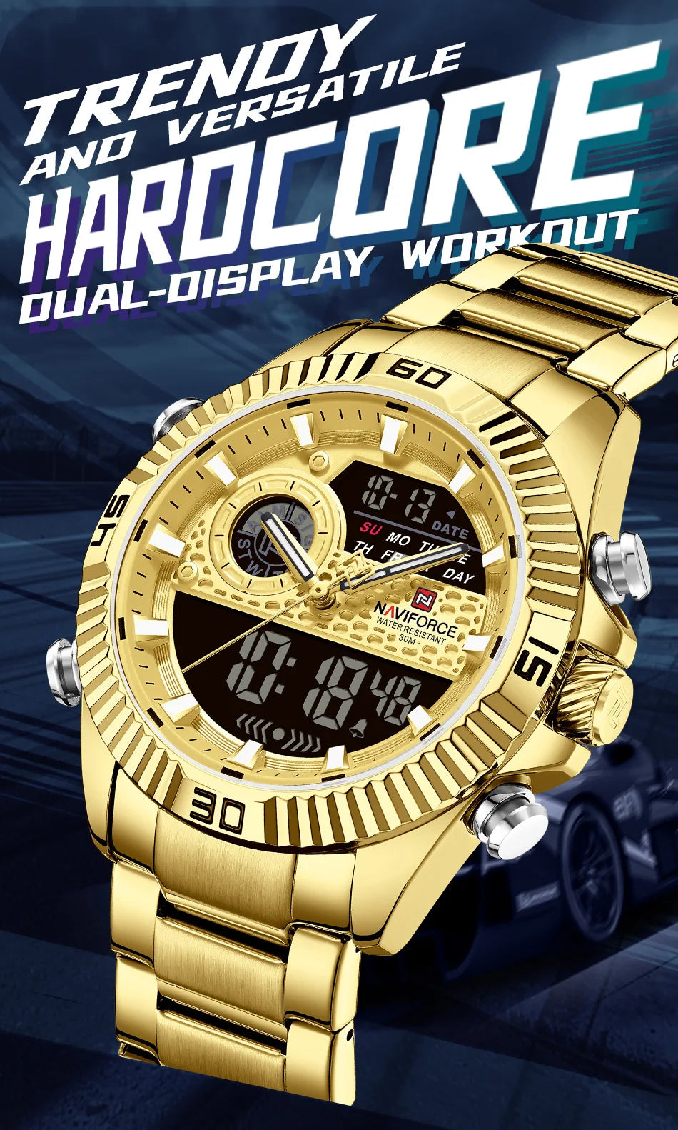 NAVIFORCE Men's Watch Quartz Dual Display 3ATM Waterproof Luminous Chronograph Alarm Clocks Male Luxury High Quality Wristwatch
