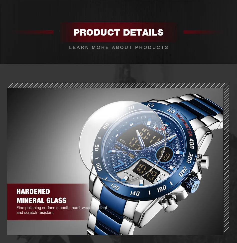 NAVIFORCE Male Quartz Dual Display Clocks Waterproof Luminous Stainless Steel Strap Watches Men Mature Style Wristwatch Gift Box