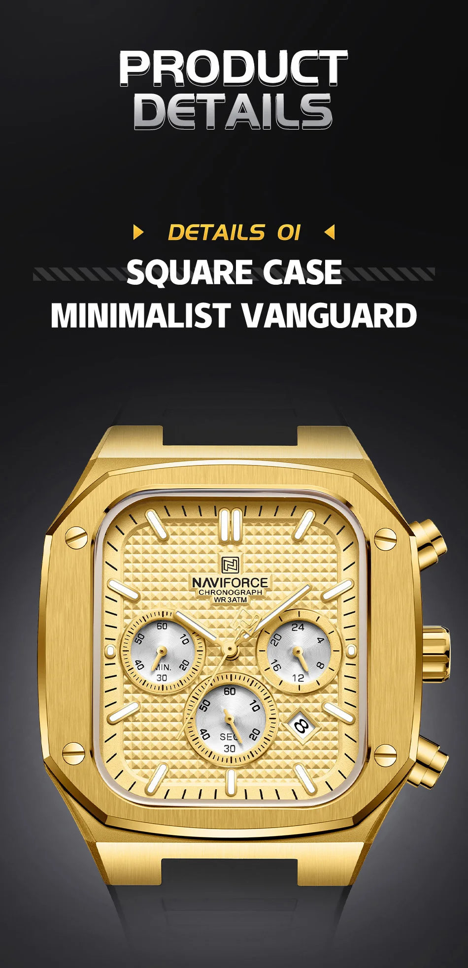 NAVIFORCE Men's Luxury Gold Watch Fashion Silicone Strap Quartz Movement Waterproof Square Wristwatch with Luminous Hands And Da