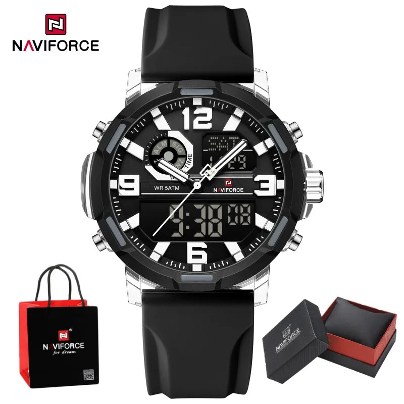 NAVIFORCE Men Dual Display Watch Alarm Clock 50M Waterproof Chronograph Stylish Novel Teenager Outdoor Sport Wristwatch Gift Box
