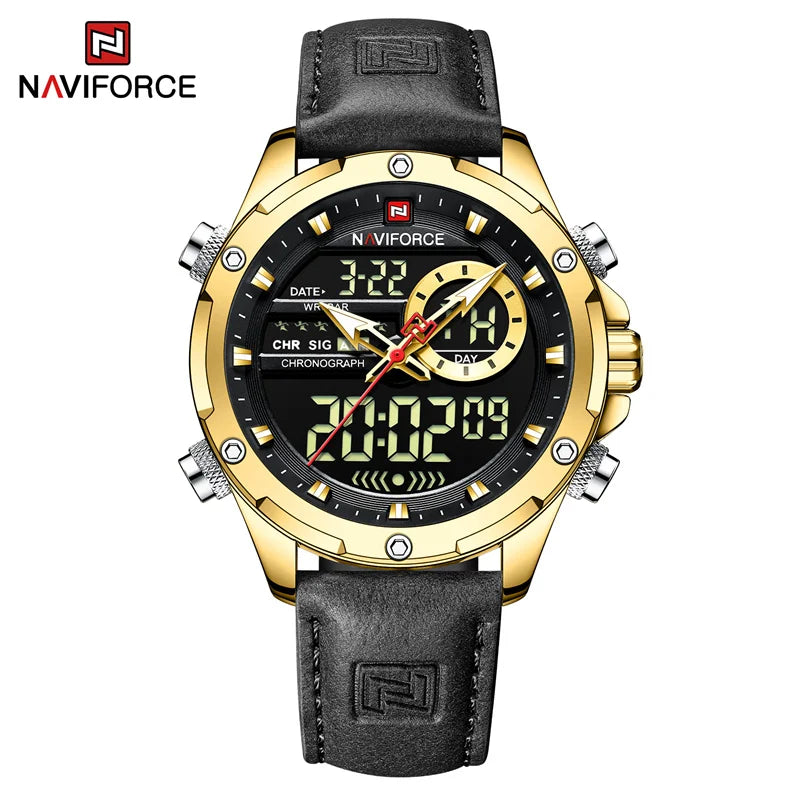 NAVIFORCE Original Men's Dual Time Luxury Sport Watch Casual Chronograph Alarm Quartz Wristwatch Leather Strap Waterproof Clock