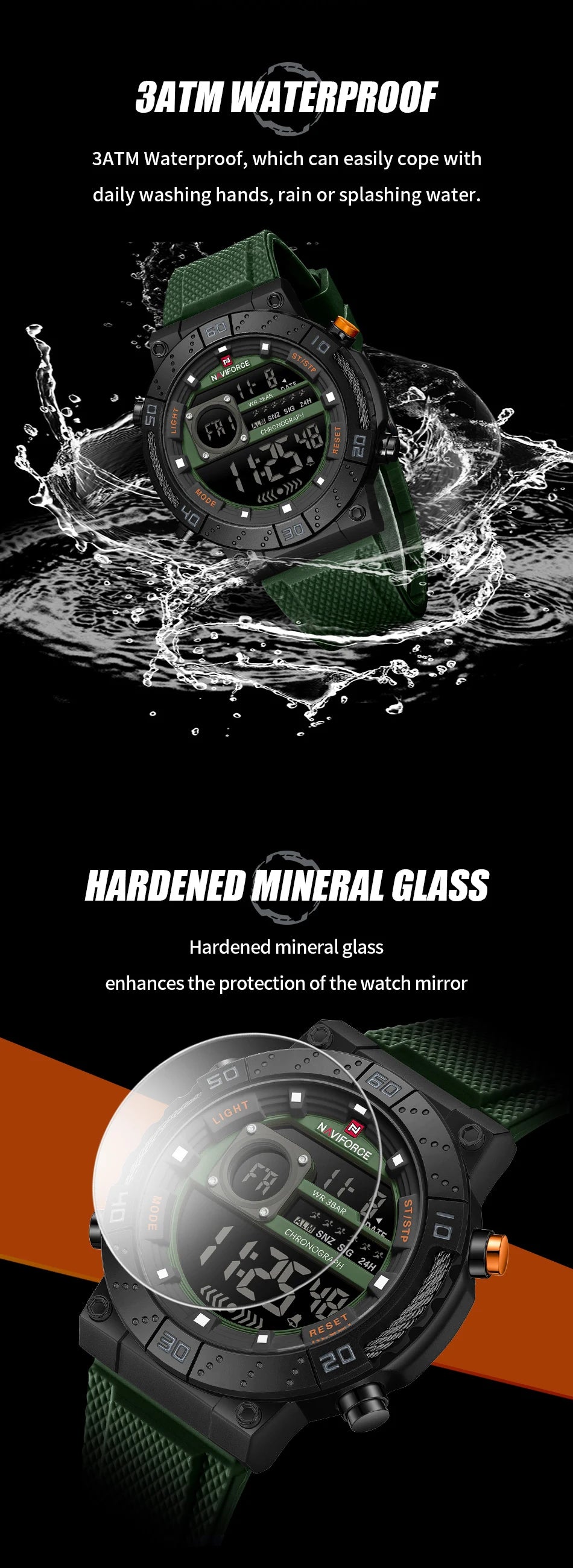 NAVIFORCE Watches for Men LCD Digital Auto Date Week Display Luminous Soft Silicone Strap  Fashion Wristwatch Relogio Masculino