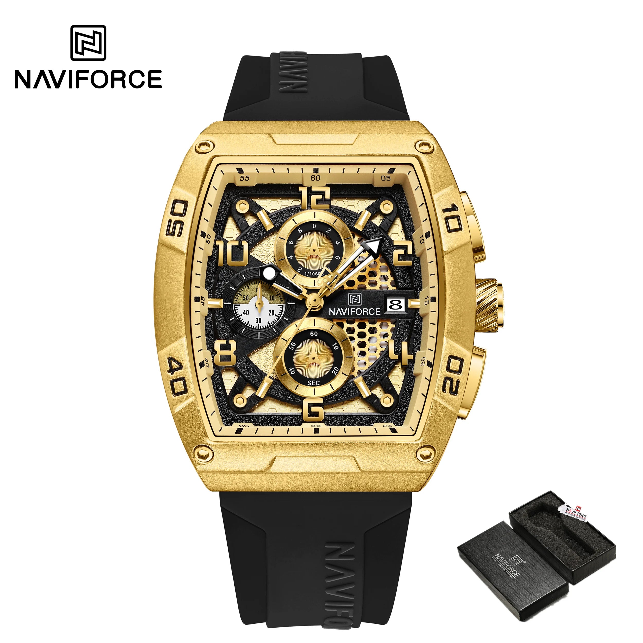 Fashion Brand NAVIFORCE  Men Gold Design Quartz Watches Casual Male  Wrist Watch Large Dia Multi-function PU Waterproof Clock