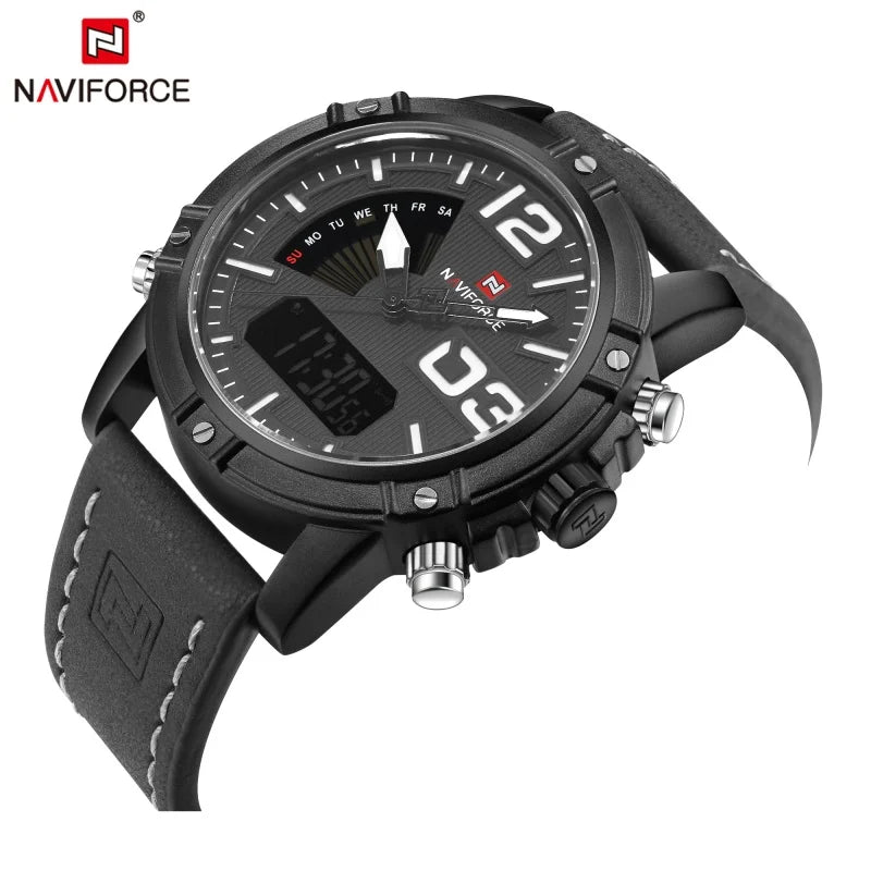 NAVIFORCE Luxury Brand Men's Sport Watches Men Dual Display LED Digital Waterproof Leather Strap Quartz Military Watch Man Clock