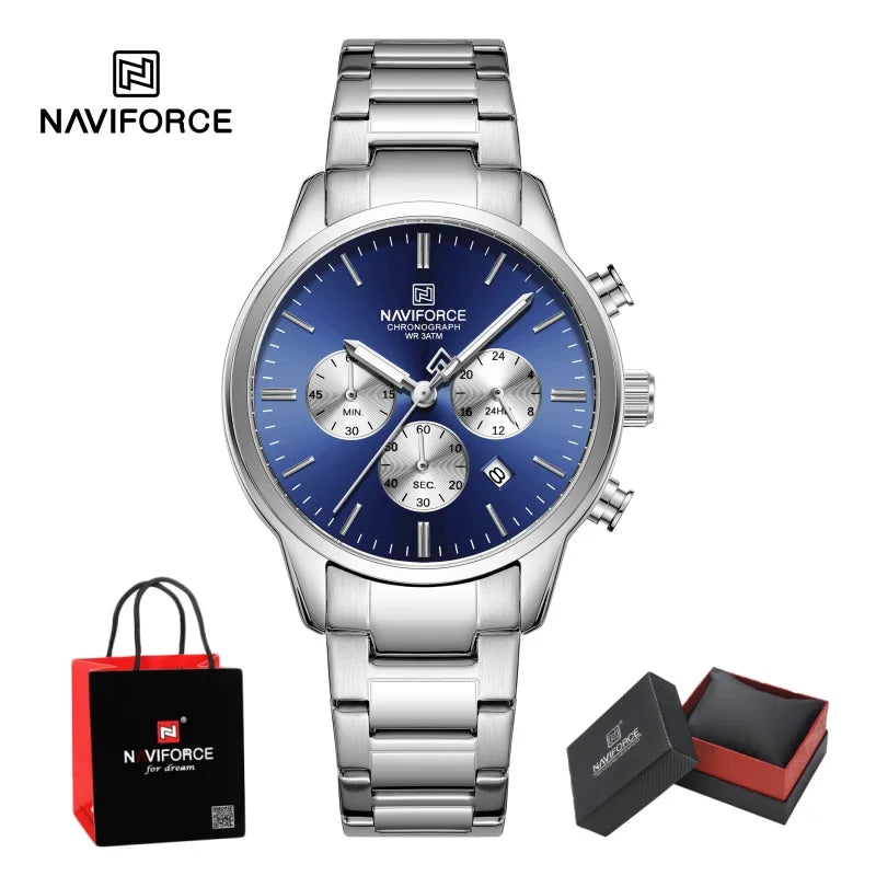 NAVIFORCE 2026 Man's Watch Quartz Chronograph 30M Waterproof Date Display Steel Band Male Fashionable Luxury Wristwatch Gift Box