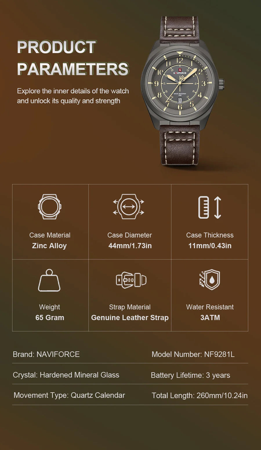 NAVIFORCE New Men Retro Quartz Watch Calendar 30M Waterproof Leather Strap Male Simple Trendy Mature Business Wristwatch NF9281L