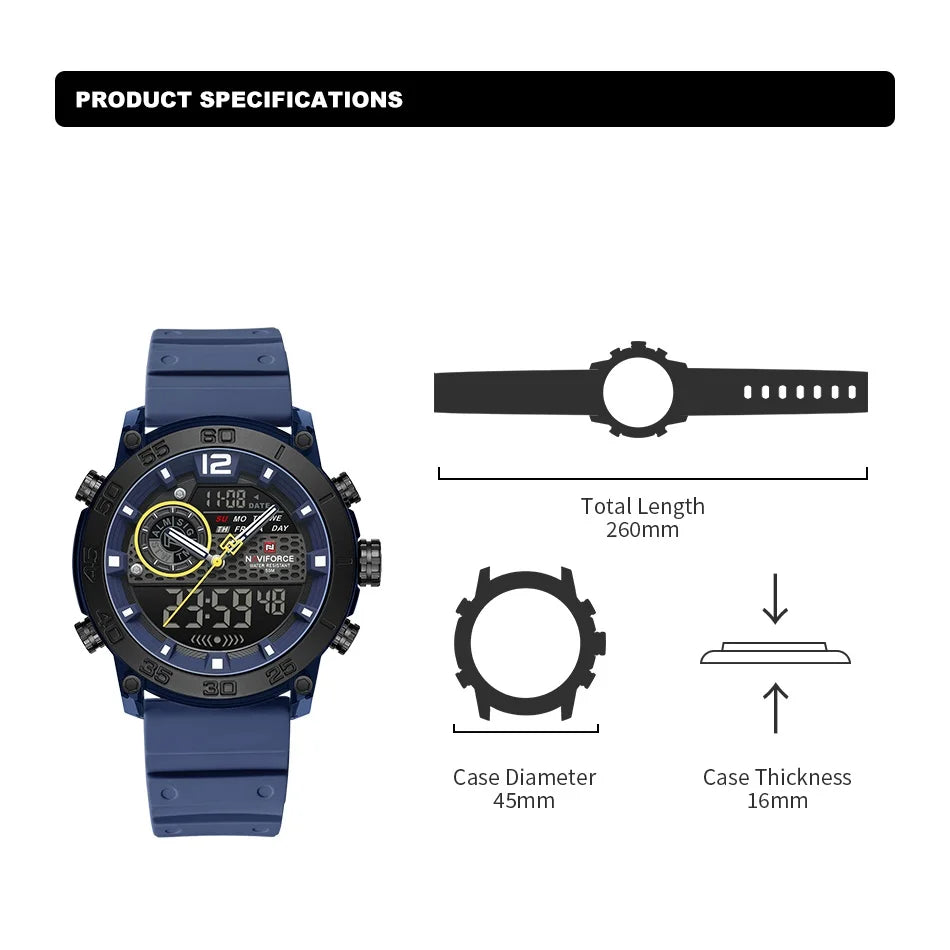 NAVIFORCE Men's Watch PC Material Analog LCD Digital Display Sport Waterproof Quartz Wristwatch Date Chronograph Luminous Clock