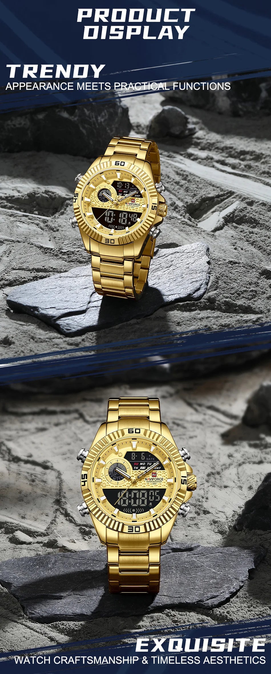 NAVIFORCE Men's Watch Quartz Dual Display 3ATM Waterproof Luminous Chronograph Alarm Clocks Male Luxury High Quality Wristwatch