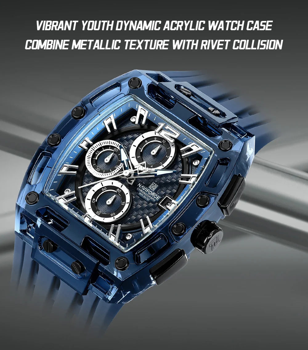 NAVIFORCE Outdoor Quartz Wristwatch for Men Chronograph Auto Date 5ATM Waterproof Silicone Strap Male Casual Fashion Sport Clock