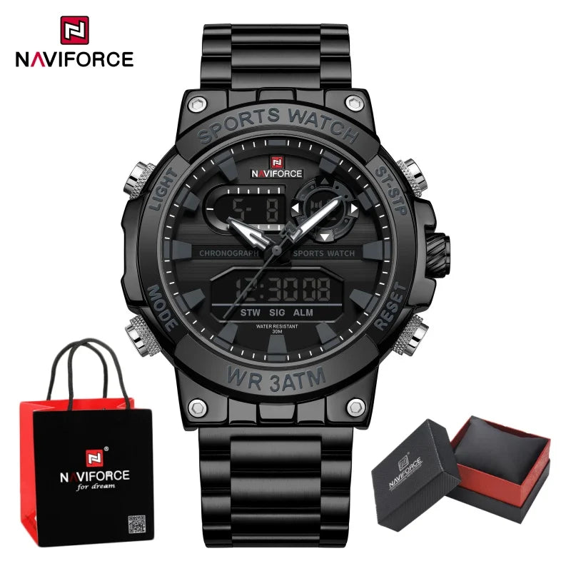 NAVIFORCE Men Watch Stopwatch Dual Time Display Men's Watch Fashion Sport Watch Stainless Steel Strap Waterproof  Package Gifts