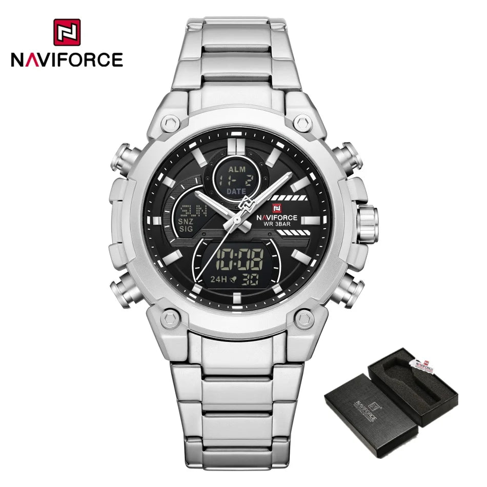 NAVIFORCE Watch For Men Stainless Steel Sport Casual Fashion Dual Display Sport Multifunction Chronograph men Waterproof Watch