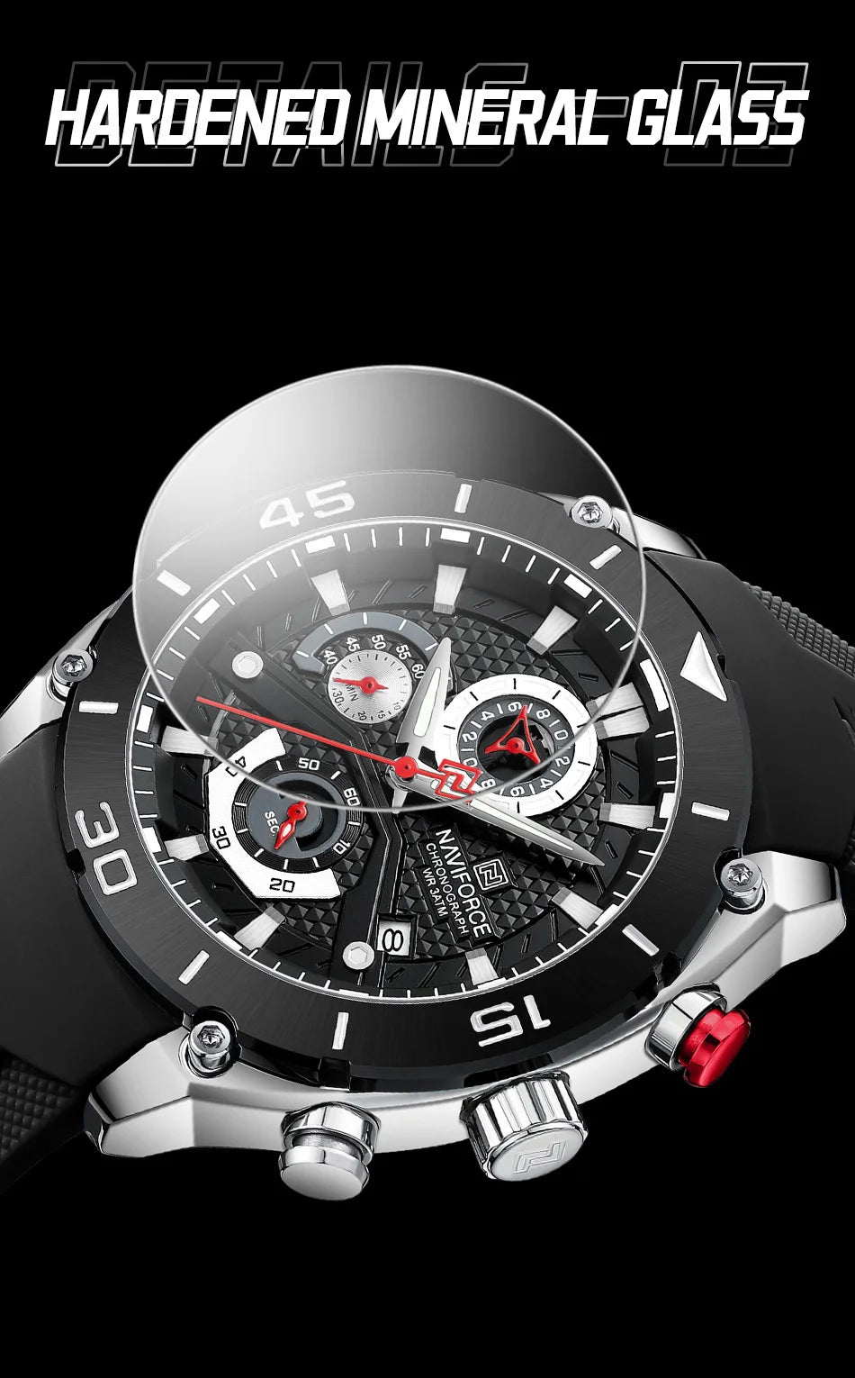NAVIFORCE Man's Watch Quartz Chronograph 30M Waterproof Luminous Silicone Strap Trendy Sports Simple Wristwatch Gift Box for Men