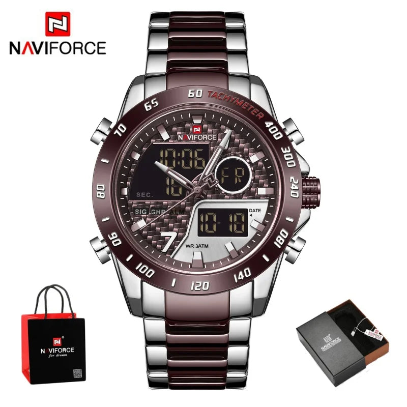NAVIFORCE Male Quartz Dual Display Clocks Waterproof Luminous Stainless Steel Strap Watches Men Mature Style Wristwatch Gift Box