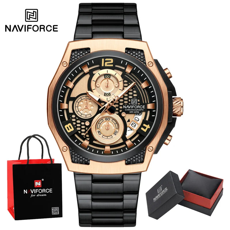 NAVIFORCE Business Watches for Men Fashion Stainless Steel Quartz Chronograph Waterproof WristWatch Male In Luxury Package Gifts