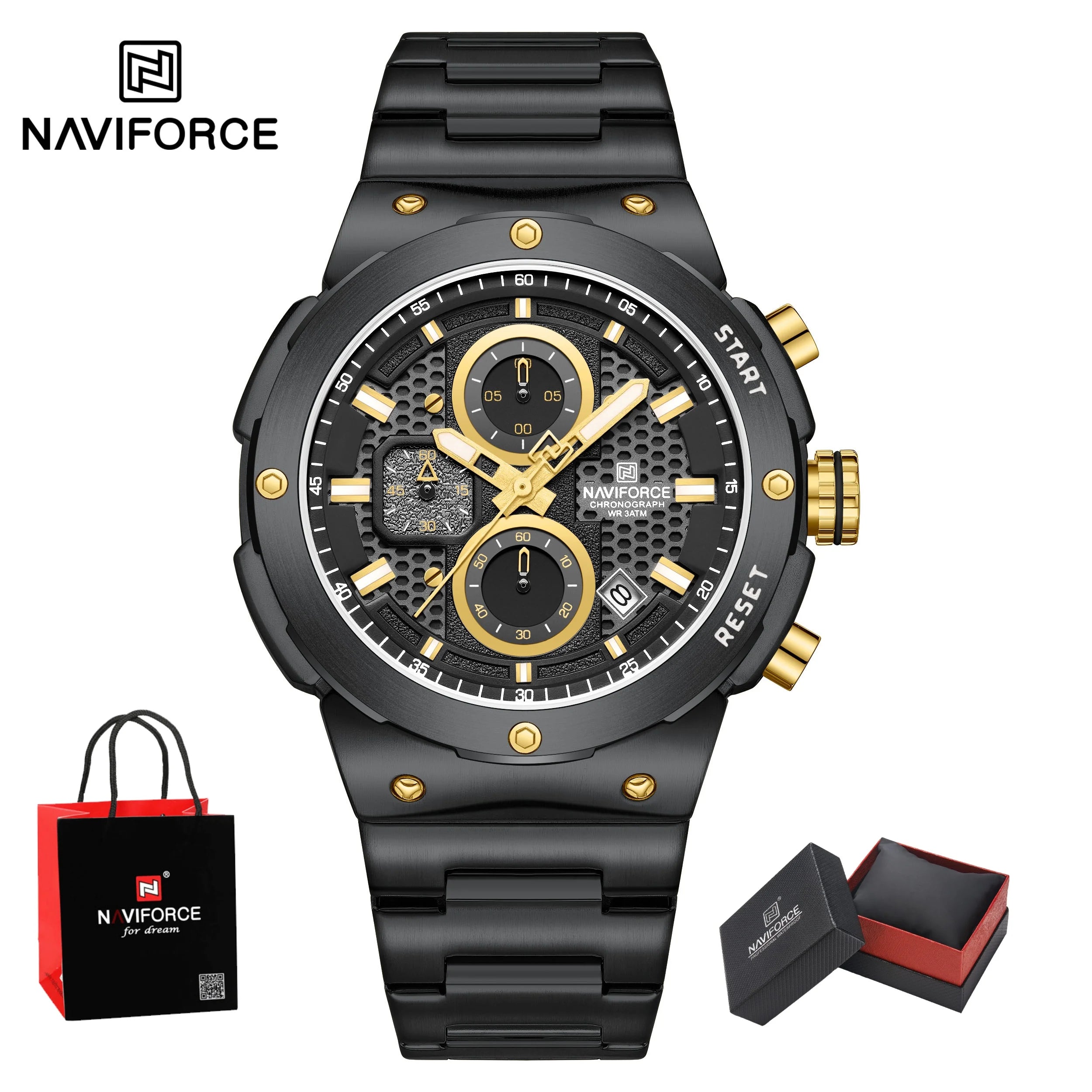 NAVIFORCE Man Watch Stainless Steel Sport Military Wristwatch Luxury Men Watches Luminous Waterproof Chronograph Quartz  Gifts