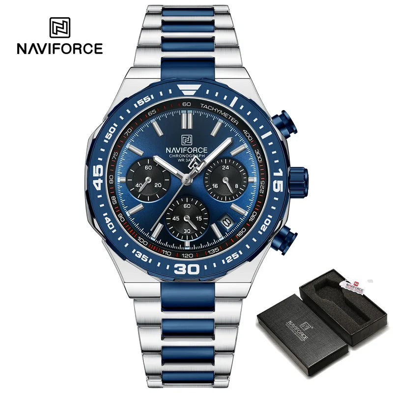 NAVIFORCE 2024 New Men Watch Waterproof Business Casual Date Luminous Quartz Wristwatch Chronograph Stainless Steel Strap Clock
