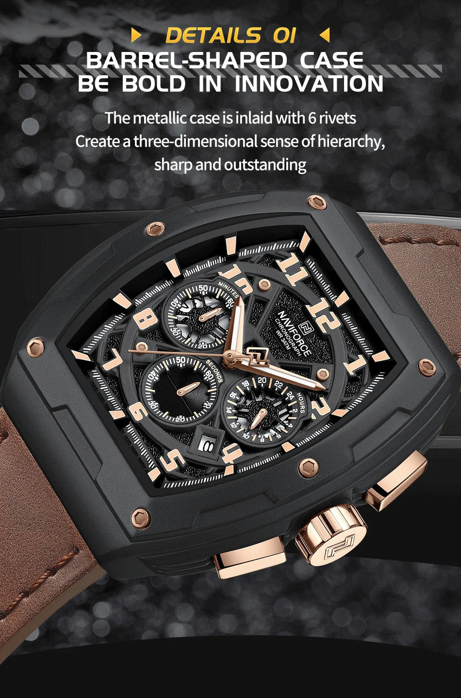 NAVIFORCE Wristwatch for Man Quartz Chronograph 3ATM Waterproof Male Business Clock Trendy Leather Strap Gifts for Father's Day