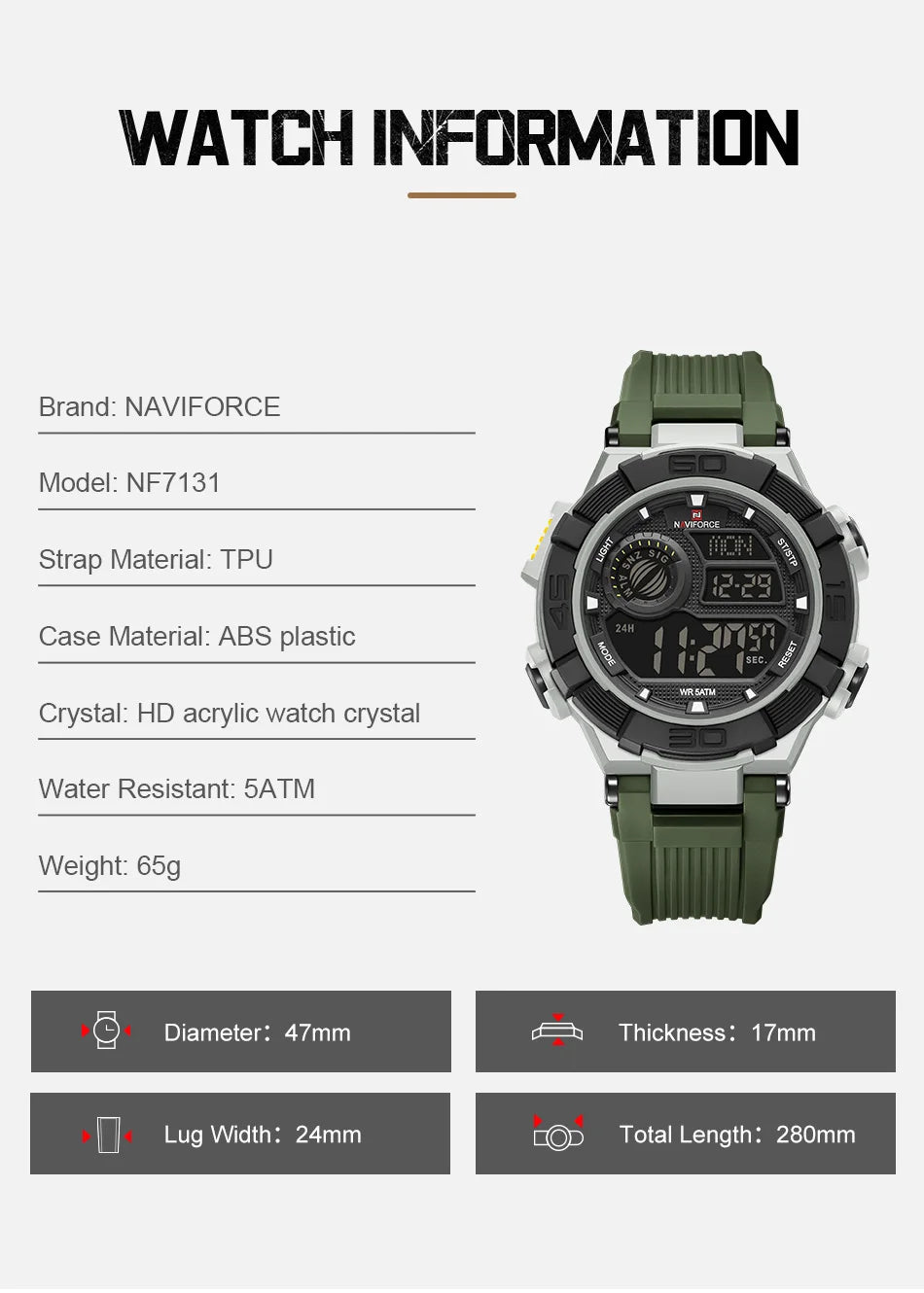 NAVIFORCE Man's Watch With Date Week Display LCD Digital Lightweight 24 Hour Alarm Clock 5ATM Waterproof Male Sports Wristwatch