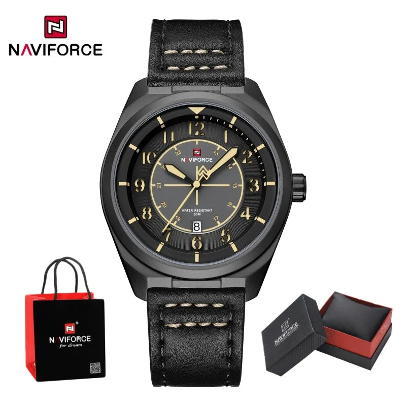 NAVIFORCE Men's Quartz Calendar Watch 3ATM Waterproof Leather Strap Casual Fashion Business Daily Wear Male Wristwatch Gift Box