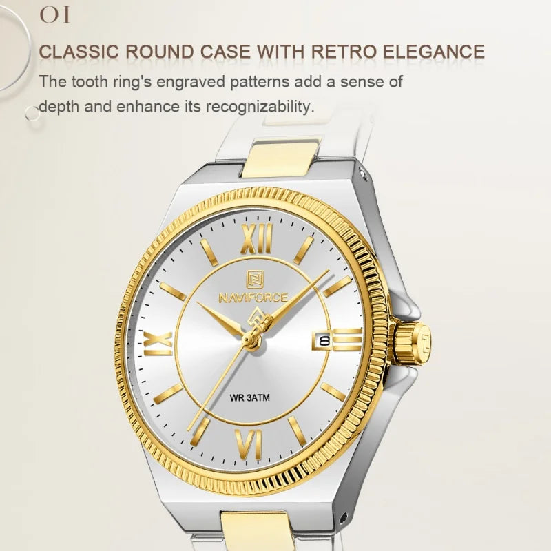 NAVIFORCE Women's Quartz Watch 3ATM Waterproof Date Display Stainless Steel Fashion for Daily Dress Lady Wristwatch Gifts Box