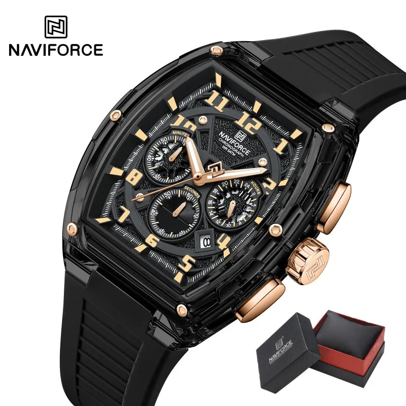 NAVIFORCE Man's Quartz Watch 50M Water Resistant Luminous Male Sports Wristwatch Barrel Dial Multi Function Casual Tech Stylish