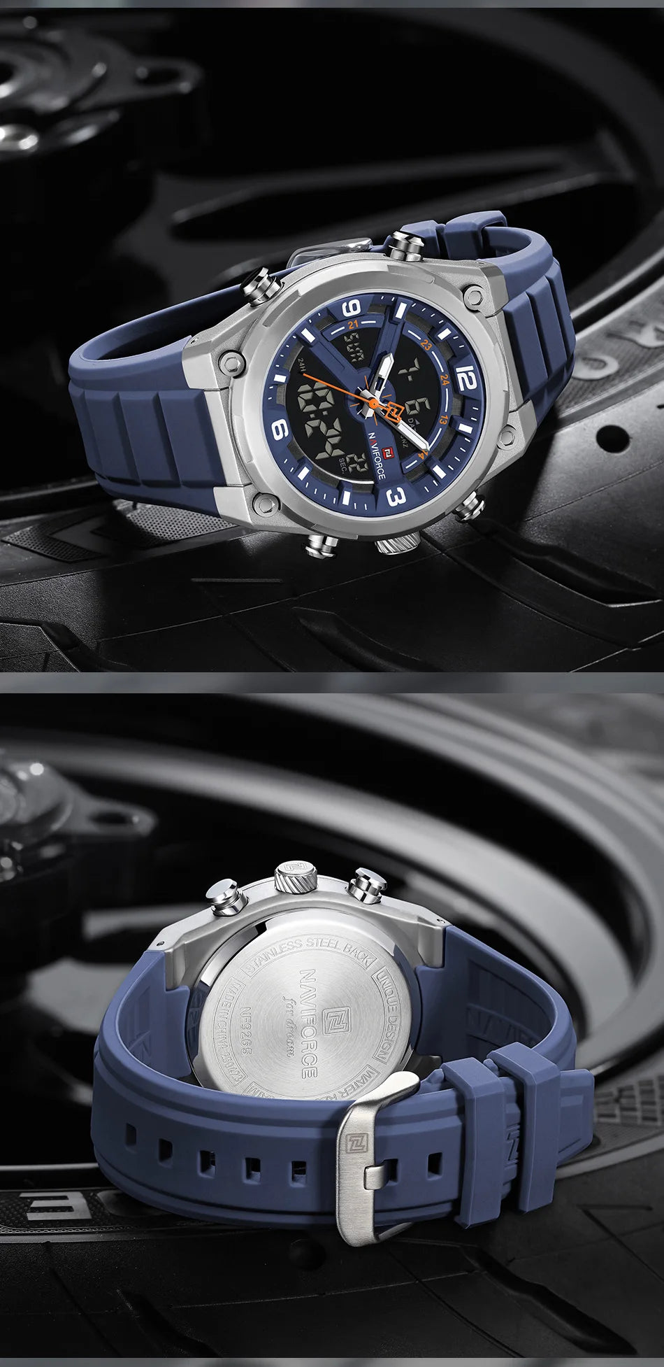 NAVIFORCE Man Watch Fashion Casual Sports Dual display Silicone Strap Waterproof Alarm Chronograph Day and Date Watches for Men