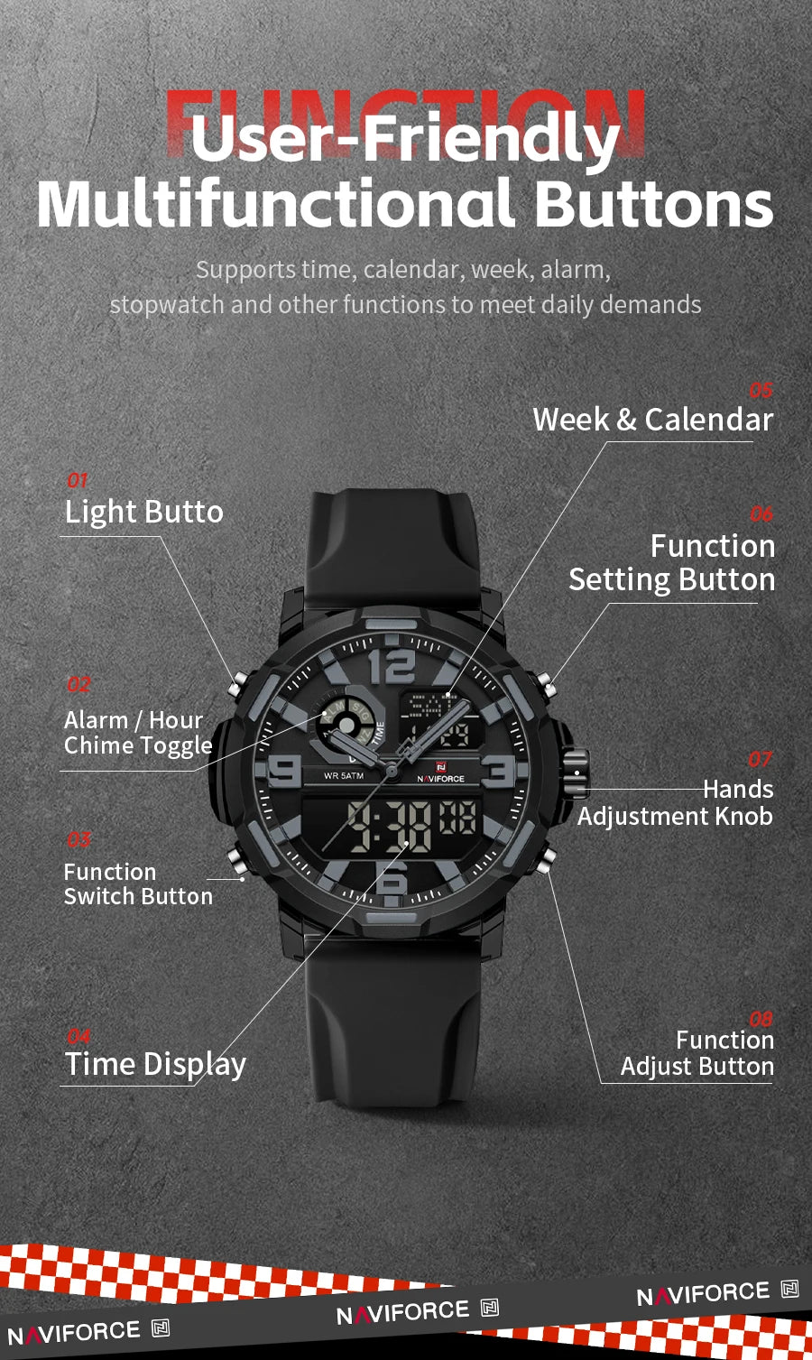 NAVIFORCE Men's Military Quartz Watch Slate Gray Dial White Arabic Numeral Scale 5ATM Waterproof Sports Personality Wristwatches