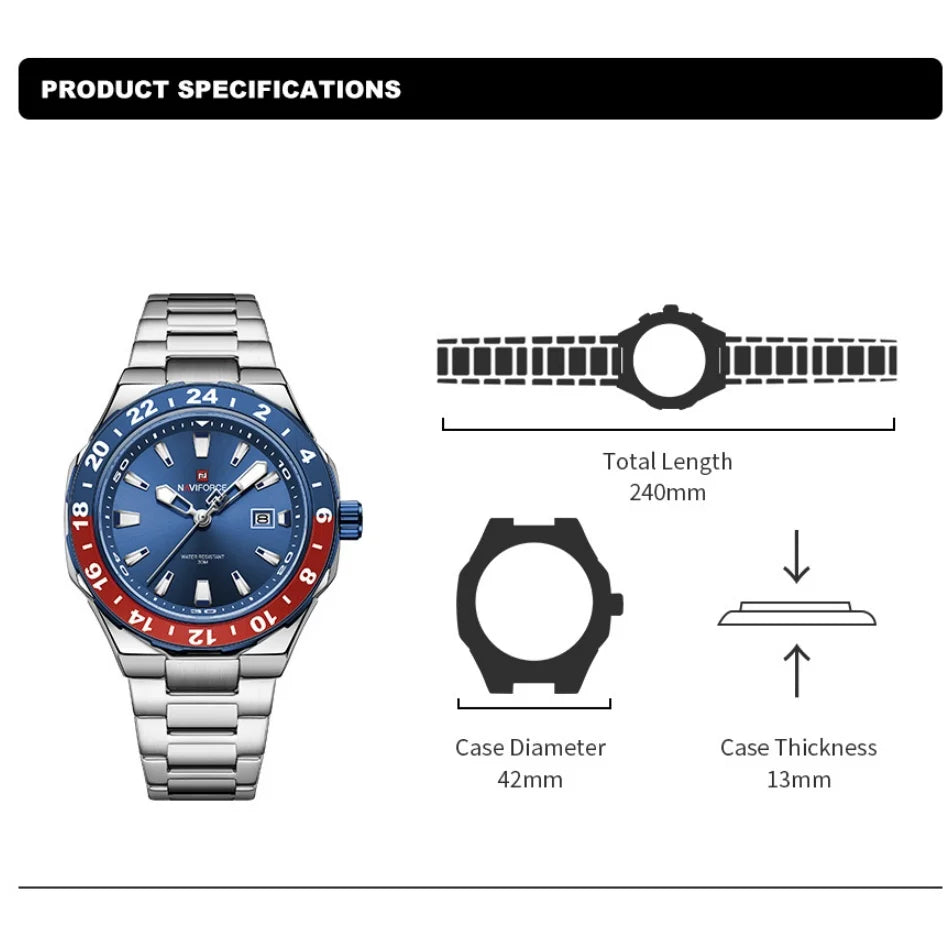 NAVIFOCE Luxury Business Man Watch Sport 3ATM Waterproof Quartz Clock Man Military Stainless Band WristWatch Relogio Masculino