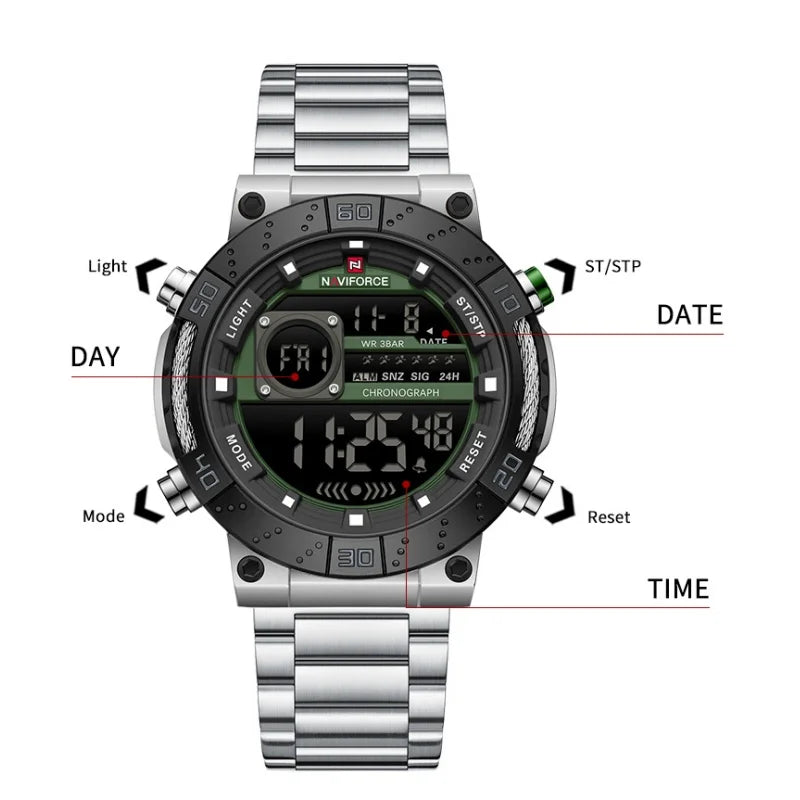 NAVIFORCE Watches for Men LCD Digital Luminous Stainless Steel Strap Male Hot Sale Business Luxury Wristwatch Relogio Masculino