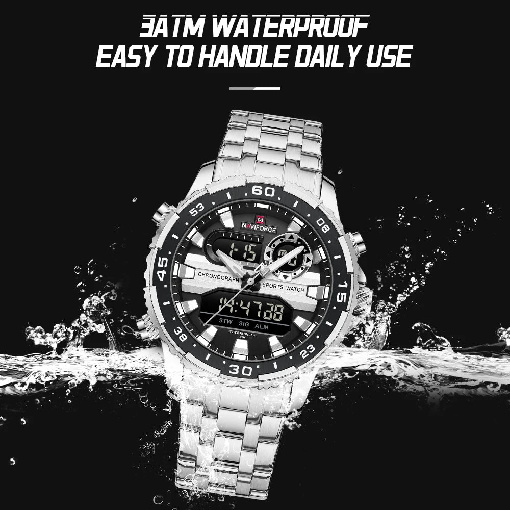 Gifts for Boyfriends NAVIFORCE Men's Silver Black Quartz Watch LCD Digital Waterproof  Wristwatch Male Luminous Hands Date Clock