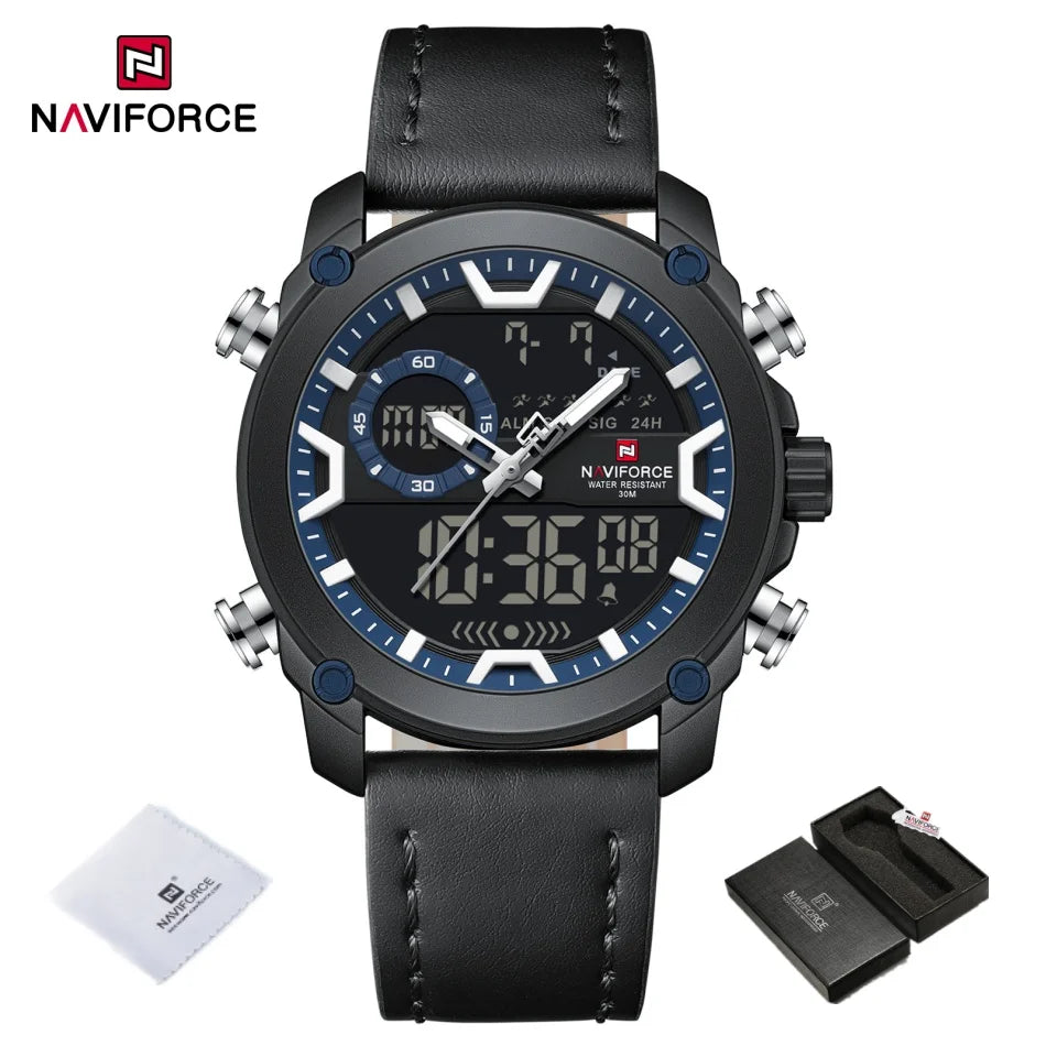 NAVIFORCE Mens Watch Original Simple Brand Quartz Watch Japan Movement Genuine Band Luminous Dual Display Watches For Men Gifts