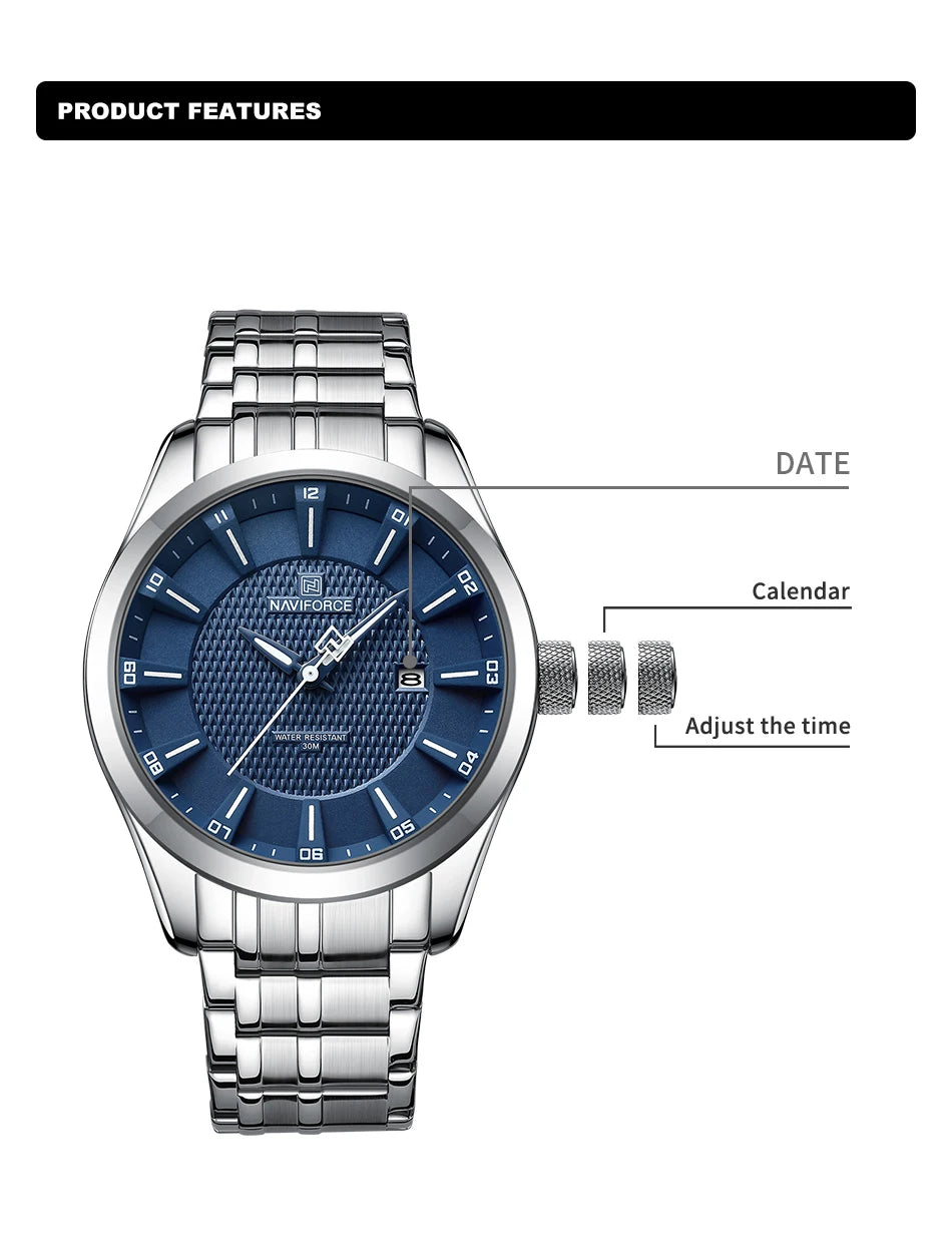 NAVIFORCE New Style Man's Watch Waterproof Quartz Calendar Date Clock Stainless Steel  Male Business Casual Wristwatch Gifts Box