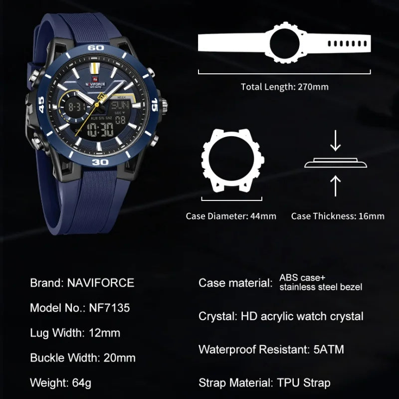 NAVIFORCE Men Watches Quartz Dual Display 50M Waterproof Chronograph Luminous Alarm Clock Male Business Sports Trendy Wristwatch