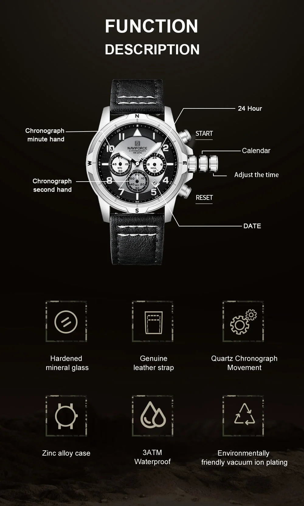 NAVIFORCE New Male Wristwatch Multi Dial Chronograph 24 Hour Clock Leather Band Men Modern Business Luxury Man's Watch NF8077