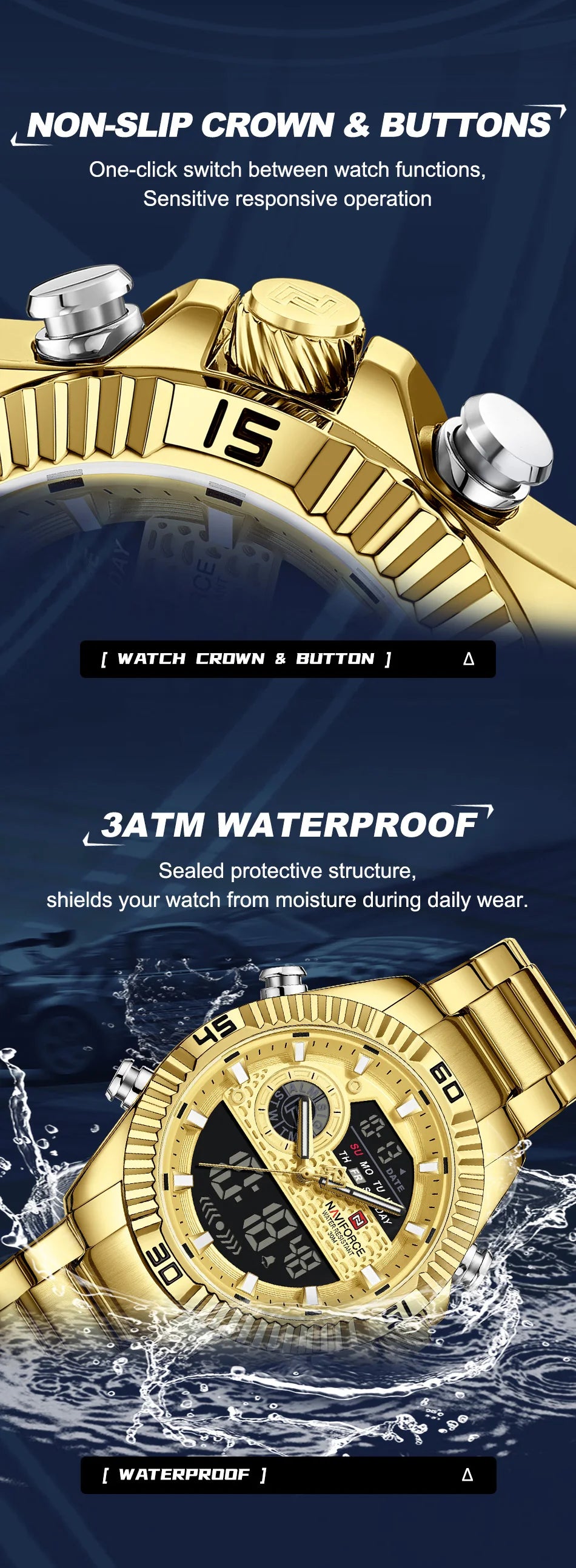 NAVIFORCE Men's Watch Quartz Dual Display 3ATM Waterproof Luminous Chronograph Alarm Clocks Male Luxury High Quality Wristwatch