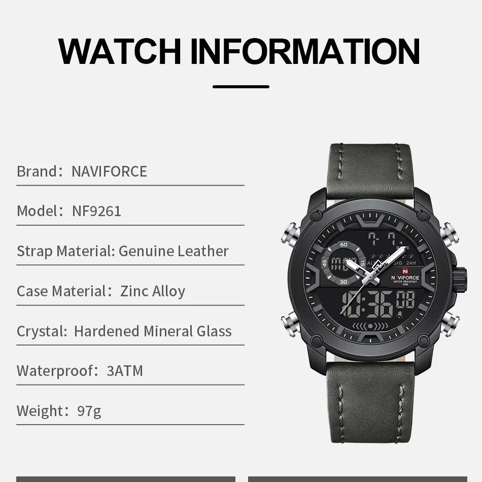 NAVIFORCE Men Watch Business Casual Fashion Dual Display Sport Genuine Strap Alarm Mode Quartz Wristwatch Man Waterproof Watch