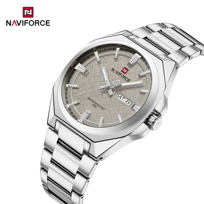 NAVIFORCE Men's Watch Quartz Calendar Week Display Waterproof Luminous Steel Band Male Trendy Outdoor Business Wristwatch NF9273