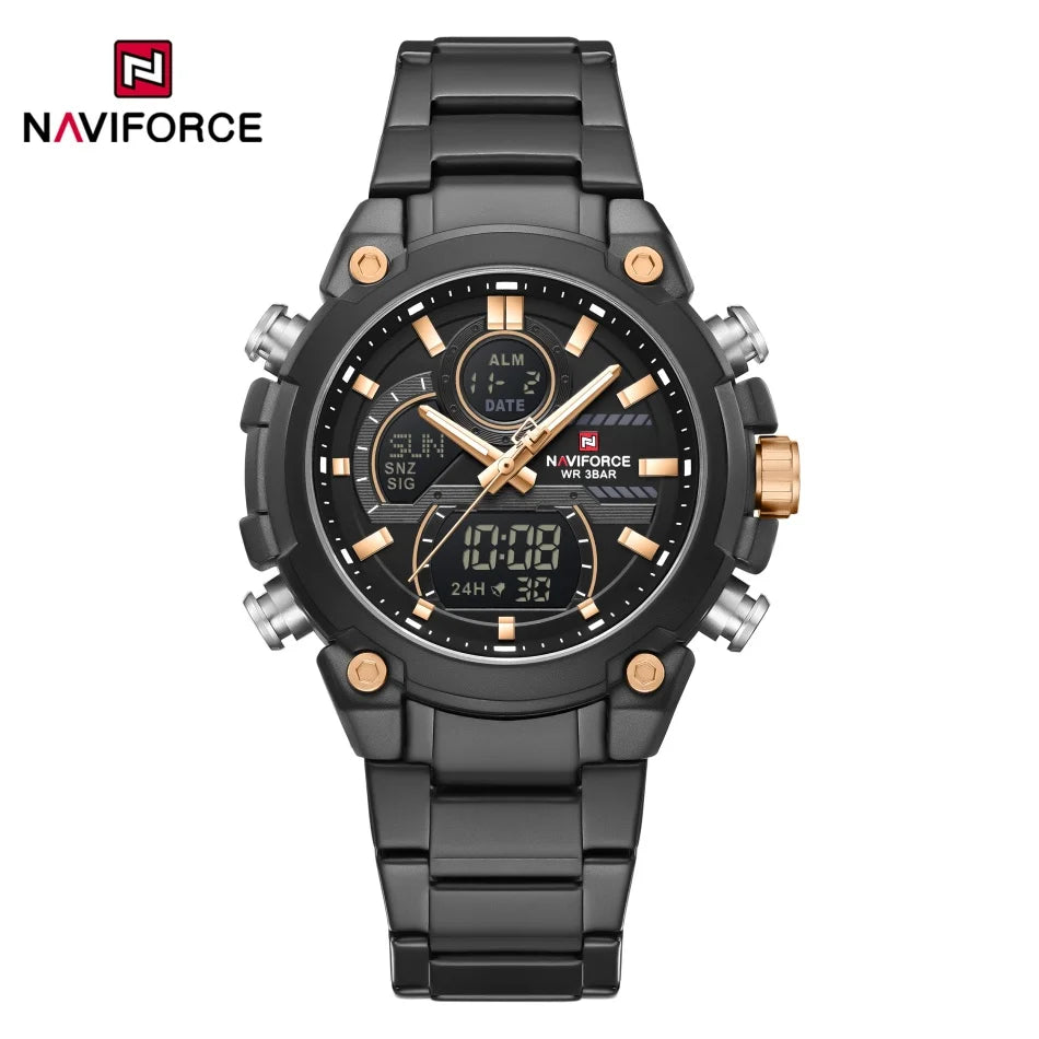 NAVIFORCE Watch For Men Stainless Steel Sport Casual Fashion Dual Display Sport Multifunction Chronograph men Waterproof Watch