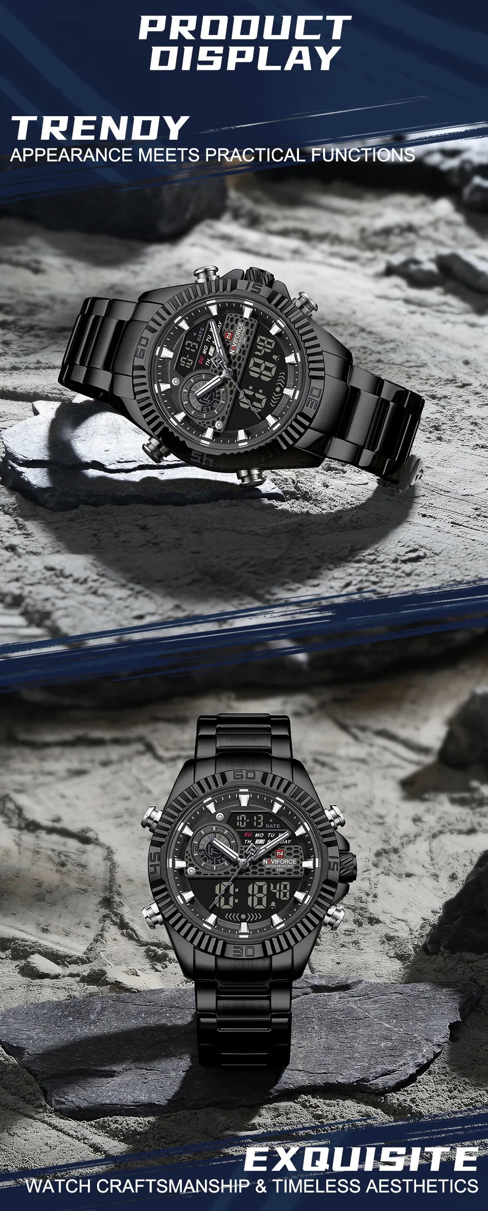 NAVIFORCE Men Watches Quartz Dual Display Waterproof Stainless Steel Male Luxury Fashion Business Outdoor Wristwatch Gifts Box